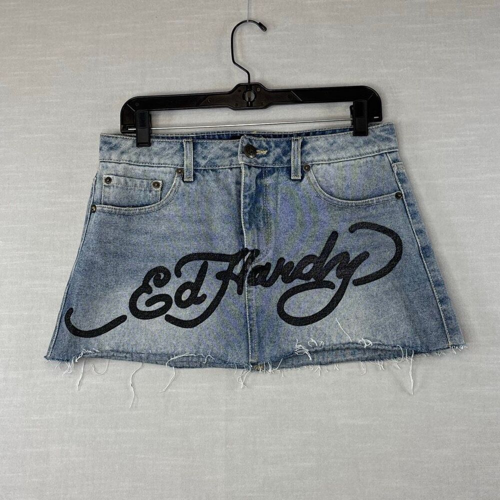 Ed Hardy Denim Women’s Size Medium Embroidered Brave Hearts Mini Skirt